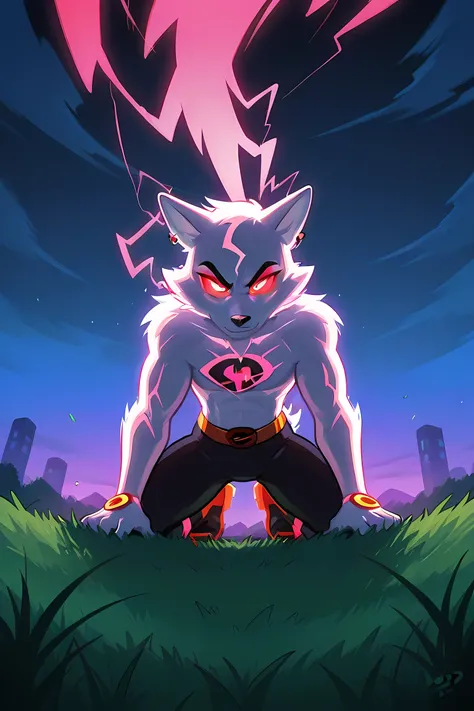 anime male wolf with pale red glowing fur in a superhero outfit, in a grasslands, red glowing neon lightning powers, professionally drawn, danny phantom cartoon