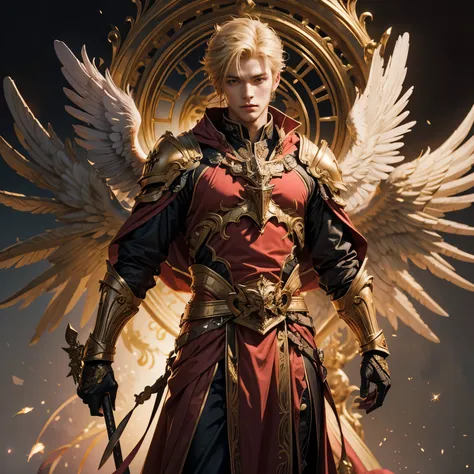  warrior male angel with big pink wings、A handsome archangel man with a red gown-like jacket and gold armor 、 blonde,Have a big sword