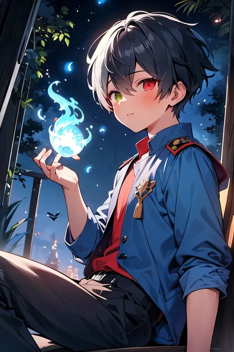 ((1-boy:1.5)),Ultra detailed, highres, absurdres, HDR, master piece, Todoroki Shouto, black hair, right side is black, left side is red, heterochromia, right eye is grey, left eye is blue,fantasy,handsome, sexy man, solo, best quality,blue shining fireflie...