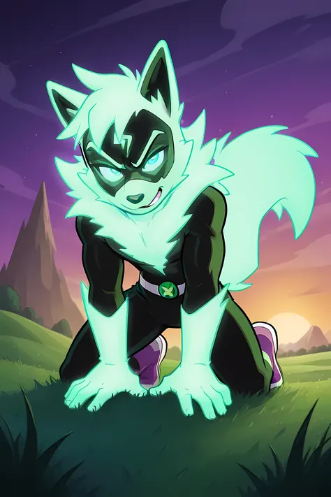 anime male wolf with pale green glowing fur in a superhero outfit, in a grasslands, green glowing neon lightning powers, professionally drawn, danny phantom cartoon