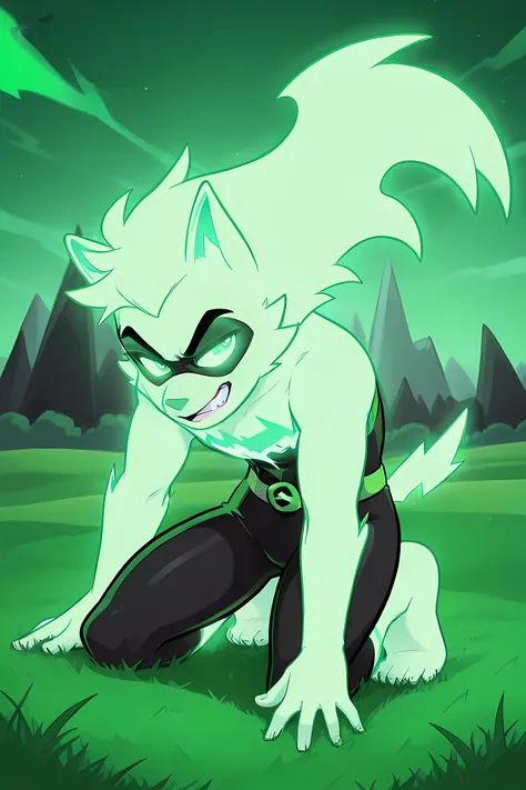 anime male wolf with pale green glowing fur in a superhero outfit, in a grasslands, green glowing neon lightning powers, professionally drawn, danny phantom cartoon, pg rating 