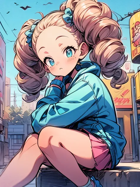 sideview,sitting,upperbody,black curly twintail,(forehead), muffler ,Sleepy face,pink hoodie,white micro mini skirt, absolute domain,graffity sneakers ,night,nightの街, Under the Street Light, look up at the sky +, nostalgic scene,( manga style),(sketch),(il...