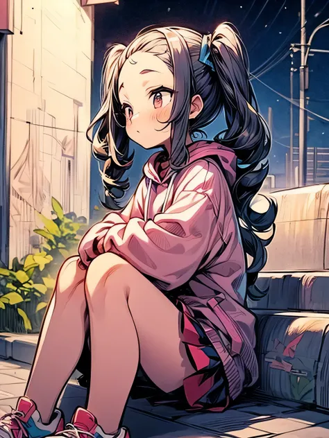 sideview,sitting,black curly twintail,(forehead), muffler ,Sleepy face,pink hoodie,white micro mini skirt, absolute domain,graffity sneakers ,night,nightの街, Under the Street Light, look up at the sky +, nostalgic scene,( manga style),(sketch),(illustration...