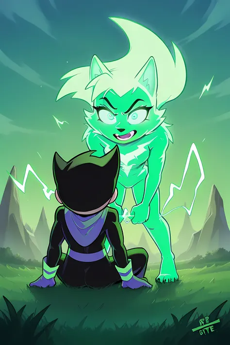 anime male wolf with pale green glowing fur in a superhero outfit, in a grasslands, green glowing neon lightning powers, professionally drawn, danny phantom cartoon, g rating 