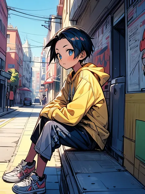 sideview,sitting,1boy ,man's eyes,man's nose,man's mouth,short boy hair,(forehead), muffler ,Sleepy face,yellow hoodie,black mini sports pants,graffity sneakers ,night,nightの街, Under the Street Light, look up at the sky +, nostalgic scene,( manga style),(s...