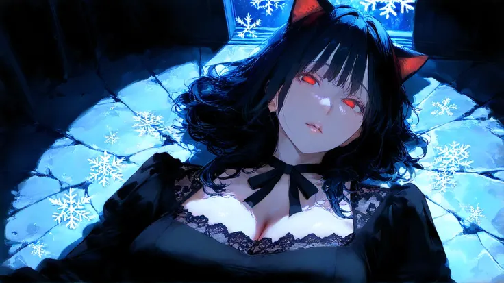 Mature female, cat ears, beautiful, long black hair, thickly painted, Korean comic style, semi-realistic art, expressive brushstrokes, vibrant brushstrokes, impressionistic painting, realistic skin, realistic hair, realistic details, photo-realistic, high ...