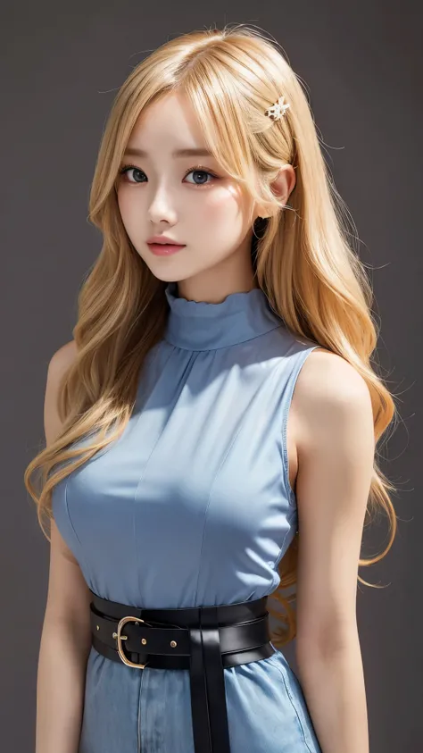 (blondy hair、シニョン、Curly Hair、forehead、 high neck sleeveless 、belt、tall、 high waist with her、Harajuku Style)、round face:2.0、forehead、cowboy shot:2.0、Super Long Hair:2.0、Waist-length hair、Northern Europe:1.0、beautiful girl、White background, True Face、 shiny ...