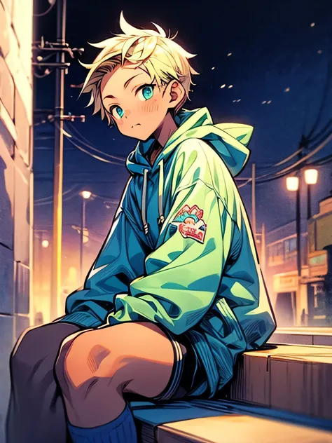 sideview,sitting,1boy (dark skin),man's eyes,man's nose,man's mouth,blonde short boy hair,(forehead), muffler ,Sleepy face,greenhoodie,black mini sports pants,graffity sneakers ,night,nightの街, Under the Street Light, look up at the sky +, nostalgic scene,(...