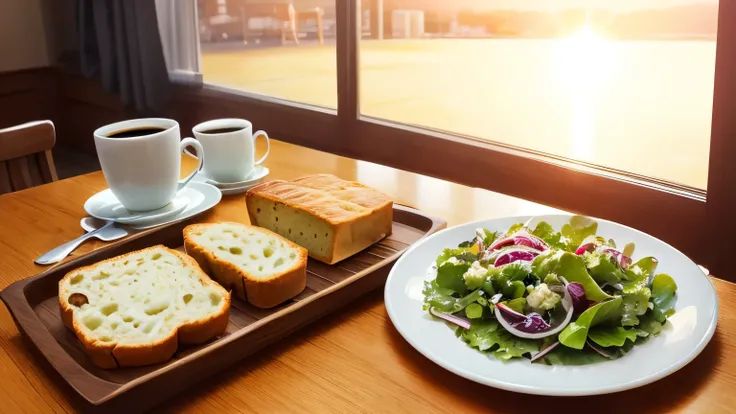 Breakfast bread and coffee 、 salad are on the table。 The Sun Is Dazzling。Fantastic illustrations