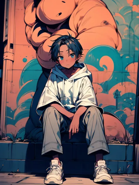 sideview+,sitting,1boy (dark skin),man's eyes,man's nose,man's mouth,white short boy hair,(forehead), muffler ,Sleepy face,white hoodie,white long cargo pants,graffity sneakers ,night,nightの街, Under the Street Light, look up at the sky +, nostalgic scene,(...