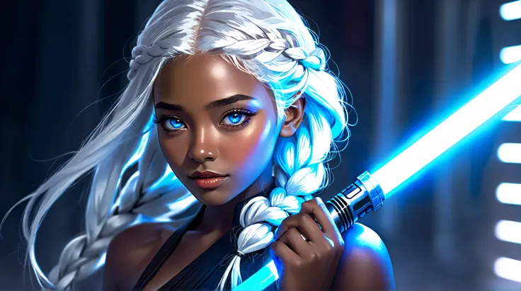 Highest quality, Ultra-high resolution, Excellent, masterpiece, white hair, side braids, dark brown skin, blue glowing eyes, max detail, look of lust on her face, best quality, has a look of lust on her face, max detail, she is holding a blue lightsaber, 