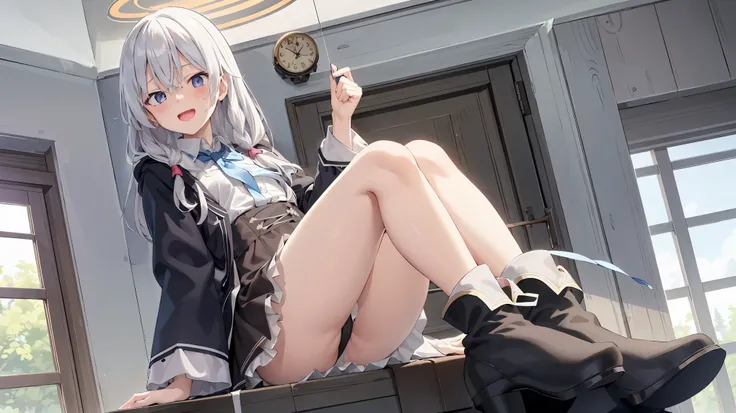 (masterpiece,  best quality,  high resolution),
Elaina, Alone,  skirt ,  white legwear,  shirt, smile,  long hair,  mouth, null, white  shirt,  thigh high socks ,   blue tie,  look at the viewers, :d,   Long Sleeve  ,  boots, white  thigh high socks ,  Upp...