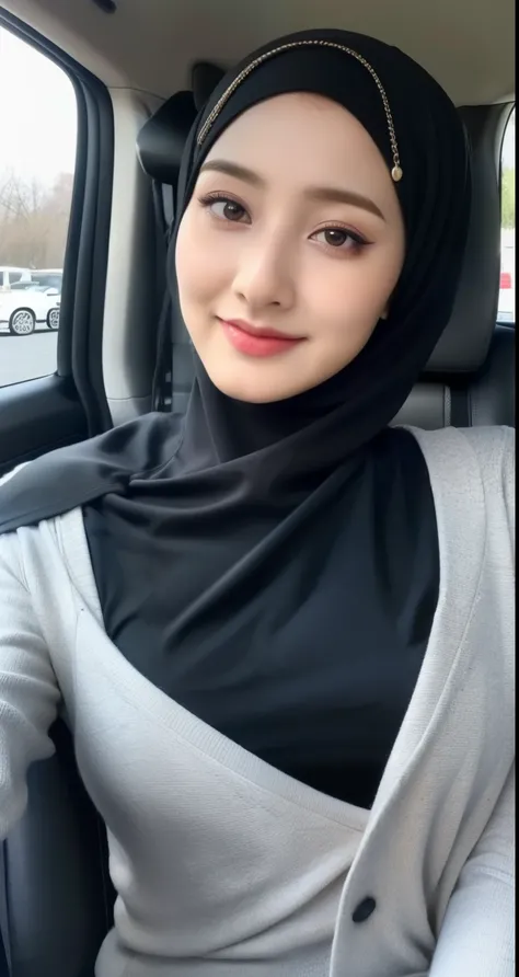 1girl hijab, ((wear hijab in head girl)), outfit hijab style, beautiful detailed eyes, beautiful detailed lips, slight smile, extremely detailed face and portrait, close up photo, potrait from below, long eyelashes, ((clothing long hijab girl)), selfie, gi...