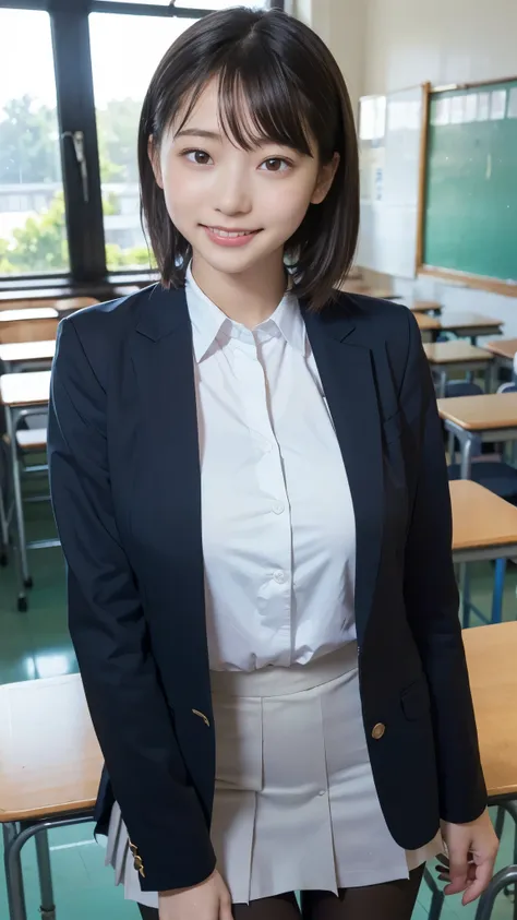 best quality,masterpiece, super high resolution, high-definition RAW color photo, professional photography, natural skin texture , fine skin, hyperrealism, smiles,loose curly hair,gigantic breasts,( high school girl uniform , black pantyhose, blazer), upp...