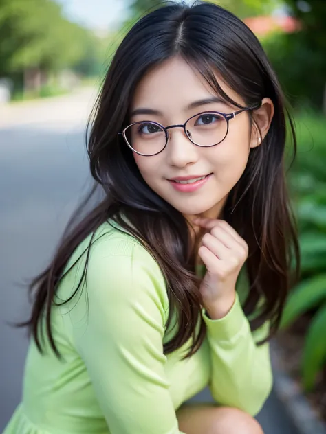 (Best quality, Masterpiece, Ultra High Resolution, (Photorealistic:1.4), Raw Photo, depth of field, professional lighting), 1girl, 15-years-old, most famous Japanese idol, (wearing most adorable outfits, (pastel green dress with long sleeved), (fashionable...