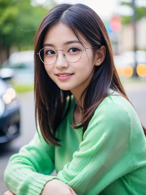 (Best quality, Masterpiece, Ultra High Resolution, (Photorealistic:1.4), Raw Photo, depth of field, professional lighting), 1girl, 15-years-old, most famous Japanese idol, (wearing most adorable outfits, (pastel green dress with long sleeved), (fashionable...