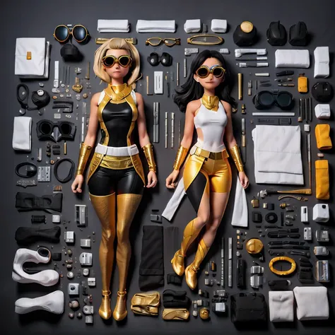 wearing gold frame reflective sunglasses {x} cyberpunk, black, golden and silver silk in the moonlight, big horn, go down the mountain tiger, knelt down on one knee: 6 miniature model ， wear gold frame reflective sunglasses ， Rouge complexion， very happy ，...