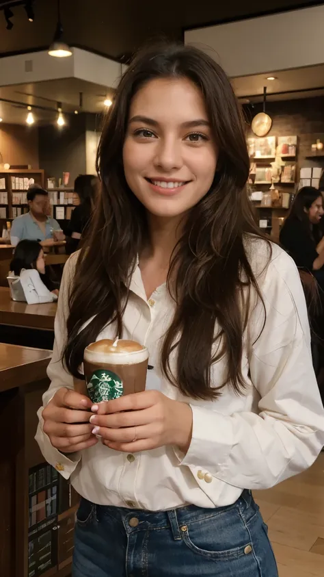 Make a girl 25-30 years that love Coffea from Starbucks, read books, love going to the movies from different angels, same girl on all variations, smiley girl