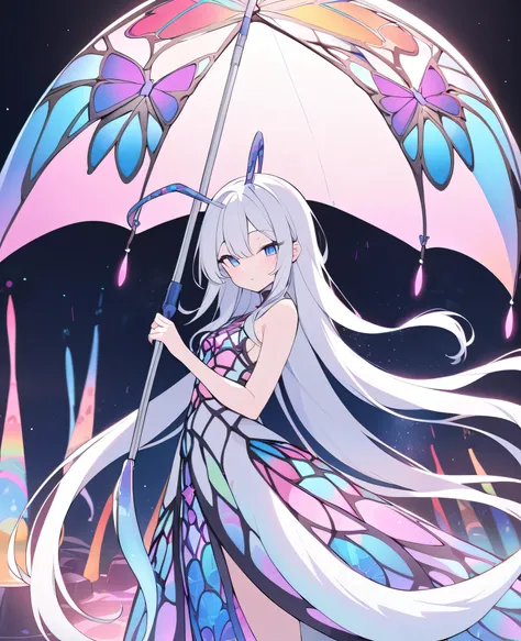 Woman with colorful butterfly wings, long antennae and bioluminescent long white hair, holding a stain glass umbrella, with a long tail that is made up of lava lamp colored in pink and blue