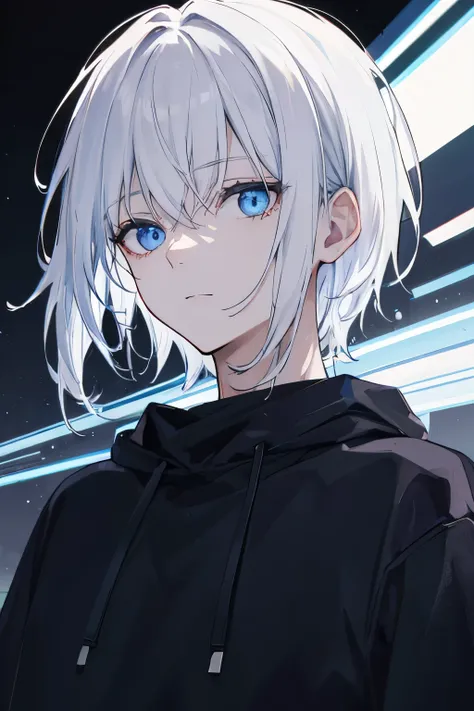 Blue eyed white haired man wearing black sweatshirt slightly built in a dark environment