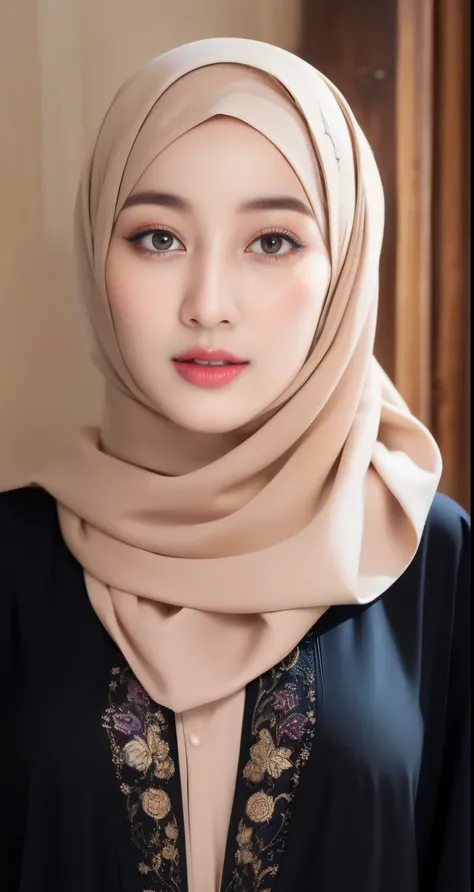 ((wear hijab in head)), pretty hijab girl, in caffe, caffe shop,beutifull small eyelashes, brown eyes, (intricate eye details), detailed nose, detailed lips, elegant face, detailed face, detailed eyes, detailed hijab girl, wear hijab girl, wear hijab, wear...