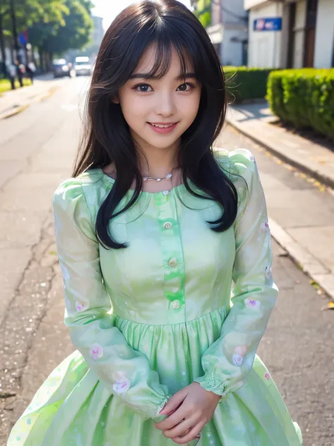 (Best quality, Masterpiece, Ultra High Resolution, (Photorealistic:1.4), Raw Photo, depth of field, professional lighting), 1girl, (((15-years-old))), (((most famous Japanese idol))), (wearing most adorable outfits, (casual dress, pastel green dress, long ...