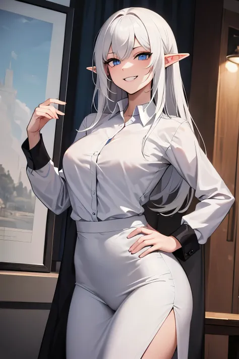 ((masterpiece)), ((best quality)), white hair, long white hair, elf, deep blue eyes, medium sized breasts, white dress shirt, tight black slacks, swept bangs, wide hips, solo, high resolution, accurate, anatomically correct, highest detail, hightest qualit...