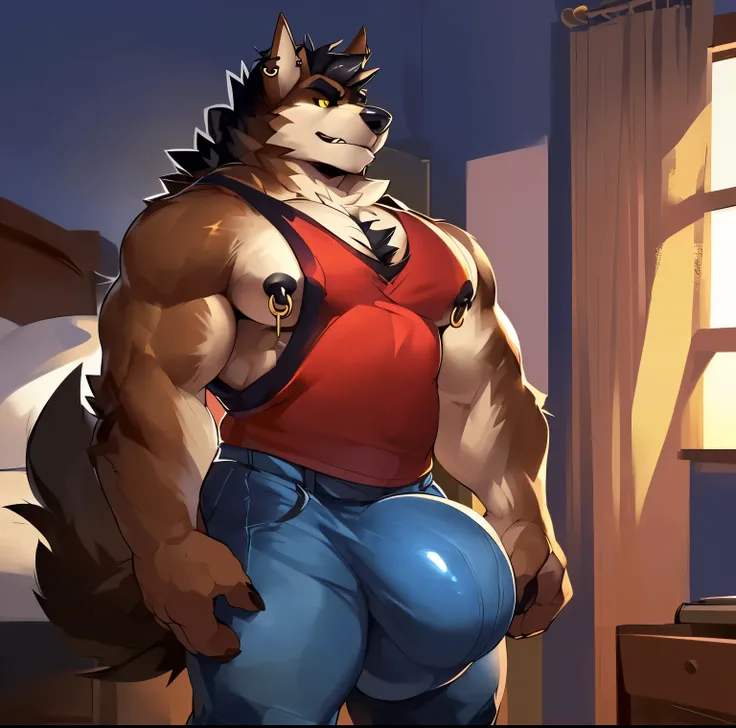 Solo, anthro, male (((werewolf, wolf, black sclera, yellow eyes, iris, black pupils, muscular, big pecs, abs, thin waist, black nipples, brown body, white fur, black hair, chest hair, cheek tuft, neck tuft, long snout, black nose, nipple rings, gold pierci...