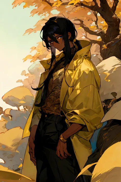 1male , Calm Expression , Ombre Hair ,Black Hair , Gold Highlighted Hair , Dark Skin , Tall, Baggy Pants, Shirt, Jacket, Perfect generation, perfect eyes, tree background
