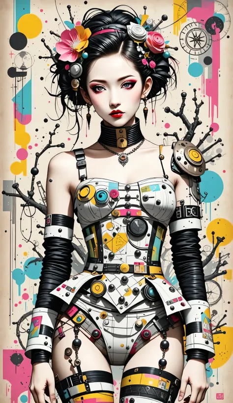 collage painting, ***ite young robot geisha, micro bikini, flat chest, big eyes, ulzzang, wires, buttons, circuits, vines, twigs, nature, science, dramatic, sexy, romanticism, cyberpunk, neo-classical, experimentalism, baroque, impressionism, expressionism...