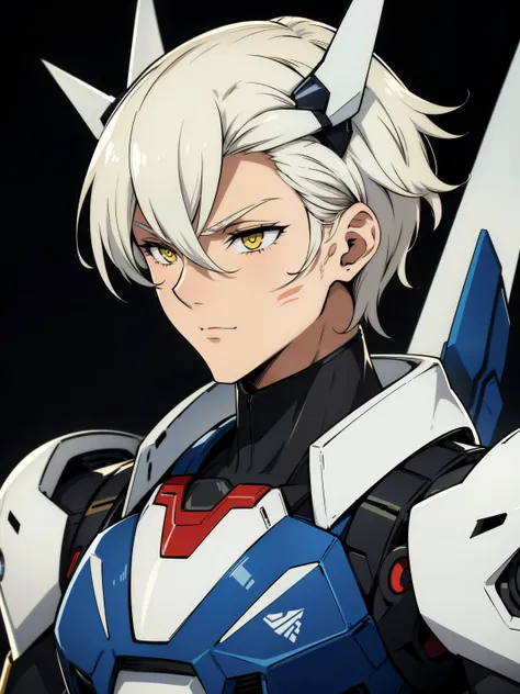 (high-quality, breathtaking),(expressive eyes, perfect face) 1boy, male, solo, white color hair, yellow eye color, short hair length, Symmetrical Eyes, portrait, positive expression, stylized hairstyle, mecha musume, robot, gundam, mecha, bodysuit, fortifi...