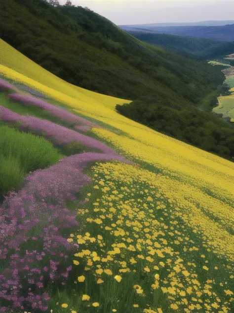 there is a field of flowers that are growing on the side of a hill, vast lush valley flowers, mythical floral hills, meadows on hills, wildflowers and grasses, wildflowers, grass and weeds”, colorful ravine, vegetation and flowers, field of wild flowers, j...