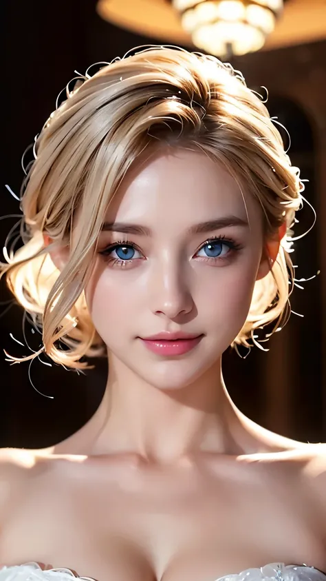 bride、wedding style、Wedding Style photos、Luxury Dresses、church、Lightly Dressed、Formal Wear、night scenery、illumination、blue eyes、Blonde、short hair、Hair tied up、Full body photo、Sexy Face、short hair、 Complete look、(((masterpiece)))、((highest quality))、((超real...
