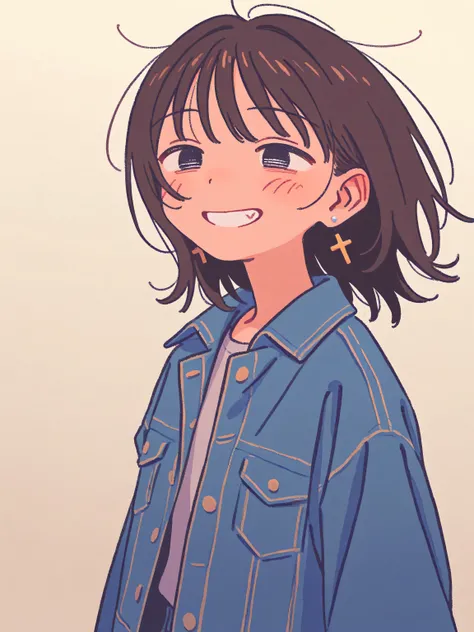 best quality, masterpiece, 748cmstyle, 1girl, Dark brown hair, medium hair , medium hair , Hair in the eyes, small cross earrings, medium blest, Grin, simple background, anime, Watercolor, denim jacket