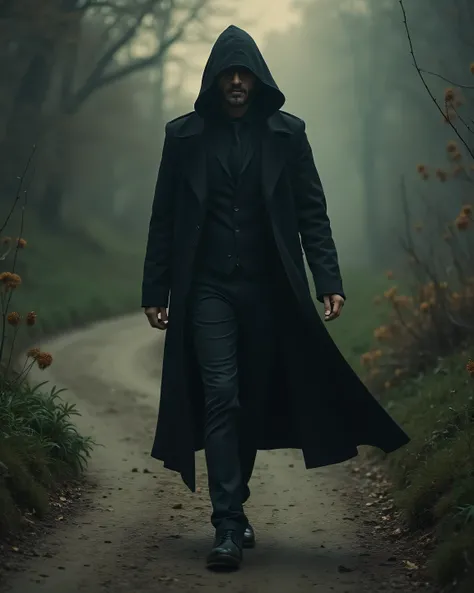 an individual in an elegant black coat and hood walking on a winding path.  on the one hand ,  an intense light  (symbol of strength )  illuminates the path ,  while on the other ,  invisible chains seem to hold his feet  ( symbol of condemnation ).  The i...