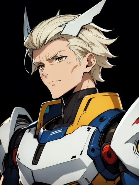 (high-quality, breathtaking),(expressive eyes, perfect face) 1boy, male, solo, white color hair, yellow eye color, short hair length, Symmetrical Eyes, portrait, positive expression, stylized hairstyle, mecha musume, robot, gundam, mecha, bodysuit, fortifi...