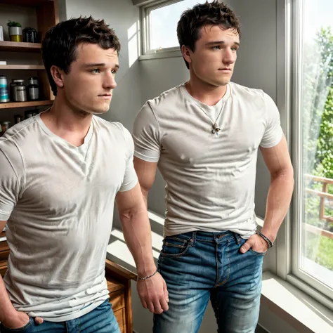 Josh Hutcherson, hyper-realistic, body masterpiece, best quality, intricate details, 1 man, athletic and toned physique, short dark hair styled neatly, smoldering and confident expression, wearing an unbuttoned white shirt revealing toned pectorals and abs...