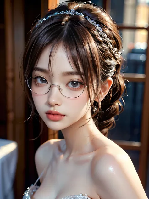 (bust up shot view),solo,20years old,(tea thin shiny single braid),diagonal bangs,(glasses),slim body,cute russian lady,girlish,full of femininity,(greek nose,slim body,medium breasts),good model pose:1.3,(big lively black eyes,tareme:1.3,innocent eyes),(d...