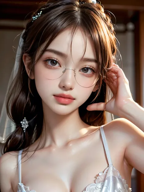 (bust up shot view),solo,20years old,(tea thin shiny single braid),diagonal bangs,(glasses),slim body,cute russian lady,girlish,full of femininity,(greek nose,slim body,medium breasts),good model pose:1.3,(big lively black eyes,tareme:1.3,innocent eyes),(d...