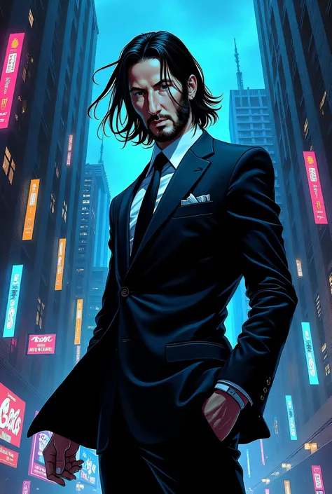 Make an album cover of a character that looks like John Wick in a "JoJo" comic book art style. Make the album cover have a black and blue art style