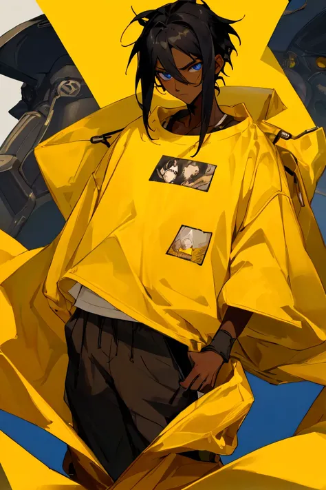 1male, Black Hair , Dark Skin, Ombre Hair , Blue Eyes , Calm Expression , Baggy Yellow Jacket, T-Shirt Underneath , Baggy Pants , Detailed Generation, Perfect Generation
