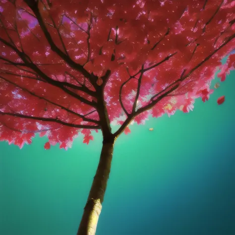 a close up of a tree with red leaves and a white flower, a picture by Li Keran, flickr, conceptual art, flowers rain everywhere, crimson rain sought flower, rain red color bleed, red rain, tiny crimson petals falling, cherry blossom rain everywhere, red bl...