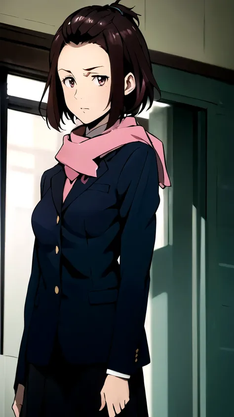 ((masterpiece,best quality)), {DATE_artstyle_LoRA : Manga_Style} {horror_edit : creepy_room_aura} {} { (Satomi Murano, hair bulled back, forehead , short hair, brown eyes, perfectly_shape_breast : perfectly_slender_body  : } { skirt, school uniform, jacket...