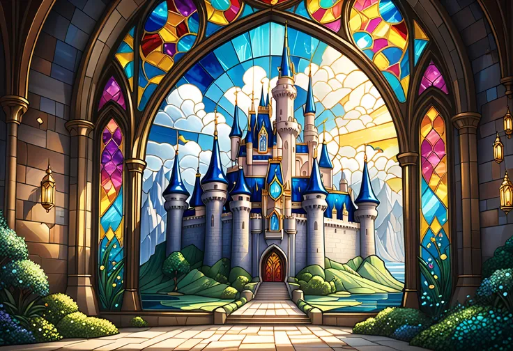 Glass Feeling 、 Flat Stained Glass Castle ,  No Background Castle Closeup 、 Disney Concept Art,  Stained Glass Art , Magic Castle, Kingdom of Light Background, Cathedral background,  Complex Stained Glass ,  palace background , Disney Art  style, Disney Ar...