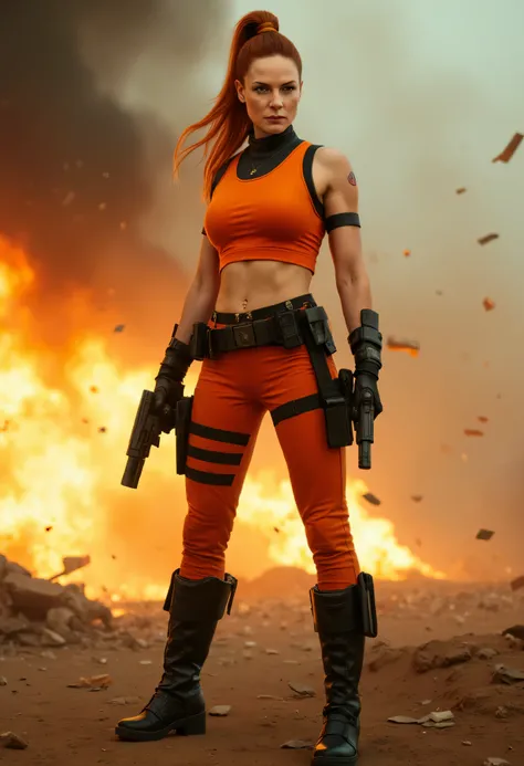 professional portrait of Rebecca Ferguson as Elsa Bloodstone, long fiery red hair tied back in a high ponytail, sleek fitted orange outfit, cropped top, tight pants, black tactical belts and holsters, black high boots, wields two pistols with confidence, f...