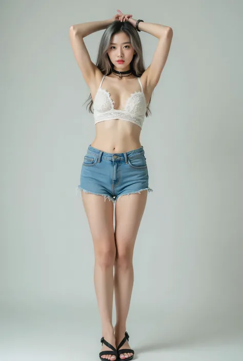  best quality,  Korean beauty,  Ultra High Definition, ( REALISTIC PICTURES:1.4), White floral bra ,  blue shorts , Black Choker,  long straight hair, ( faded gray hair :1), slim,  beautiful legs, white pedicure,  White and fair skin , Barefoot,  wears bla...