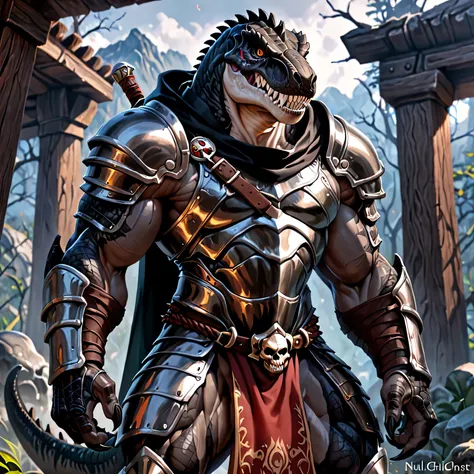 solo, male, humanoid, T-Rex, ultra details, ultra detailed muscles, black scales, black skin (black scales), white belly, black claws, muscular, menacing, sexy, handsome, ultra detailed red iris and black pupil slit eyes, ultra detailed teeth, pecs, hind l...