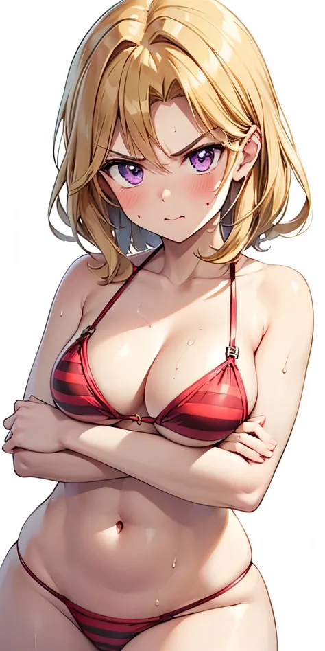 1 Female,High definition,high resolution,Ultra-realistic,8K,kujaku mai, blonde hair, purple eyes, breasts, blush , striped bikini, red bikini,European,sexy,Photographed from the front,Dynamic Angles,blush, (medium tits),(cleavage),cute face, facial, sweat,...