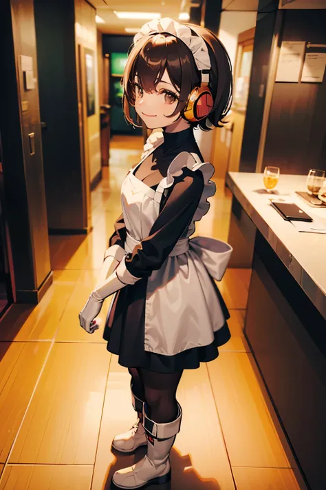 (complete body, best quality, 4k) 1 girl, solo, smile, maid outfit, black hair!!, short hair, bob haircut, yellow headphones, brown complete bodysuit!!, brown legwears!!, white gloves, white apron, long brown boots, maid pose, ciber restaurant background.