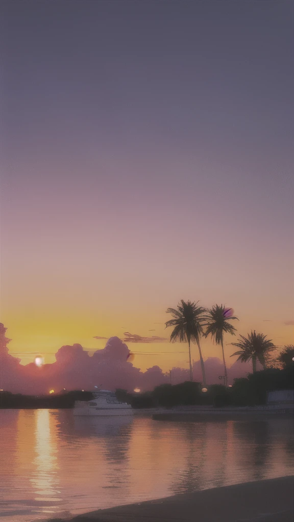 purple and blue sunset with palm trees and a boat in the water, tropical atmosphere, purple sunset, purple beautiful sky, purple sky, pink sunset hue, pink sunset, palmtrees, colorfull sky, colorful skies, pink skies, beautiful magical palm beach, colorful...